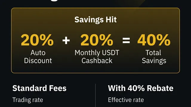 Binance trading fee rebate breakdown showing 20% auto discount plus 20% monthly USDT cashback equals 40% total savings