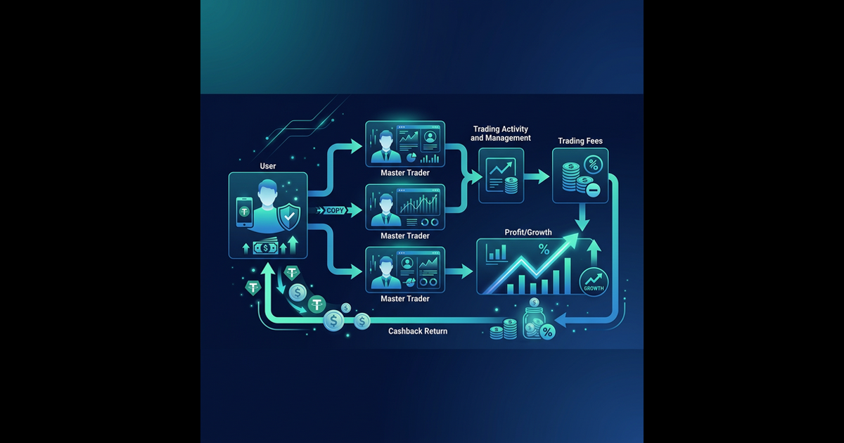 Copy trading cashback flow diagram showing how users earn USDT cashback from copied trades on Bitget