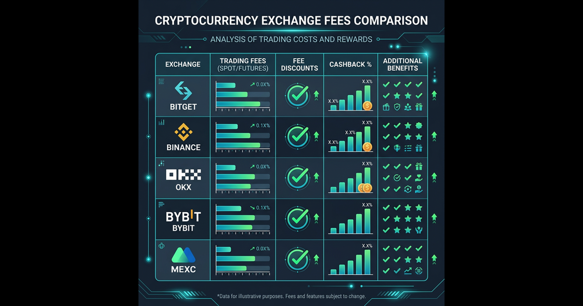 Cryptocurrency exchange fee comparison chart showing Bitget, Binance, OKX, Bybit, and MEXC trading fees and cashback rates