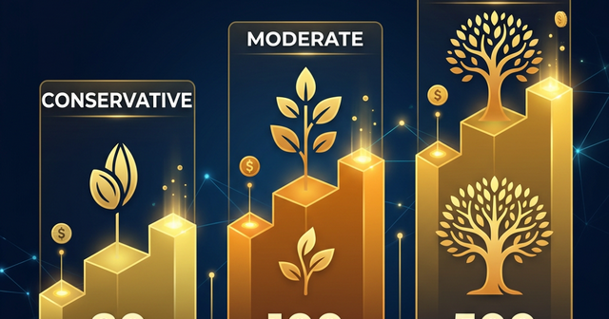 Three income tiers for crypto referral partners showing conservative moderate and aggressive scenarios