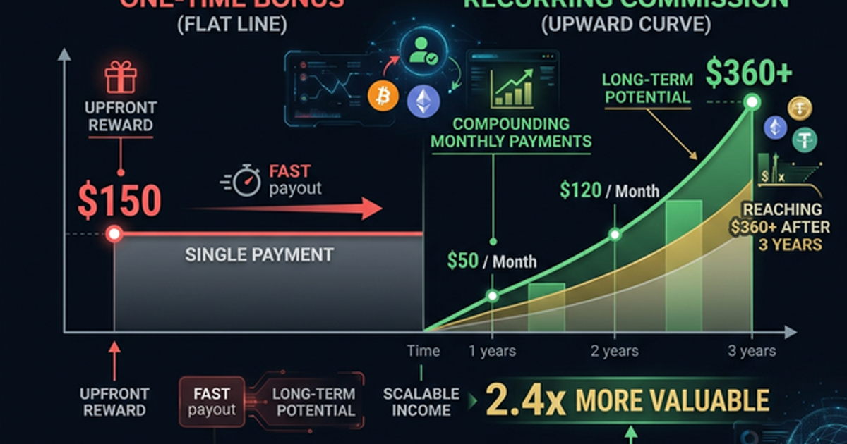 Comparison of one-time bonus vs recurring commission earnings over 3 years