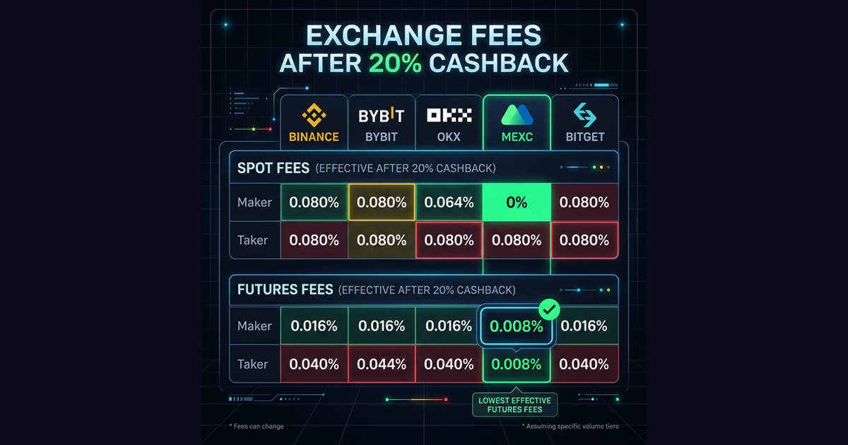 Exchange fee comparison after 20% cashback across Binance, Bybit, OKX, MEXC, and Bitget for spot and futures