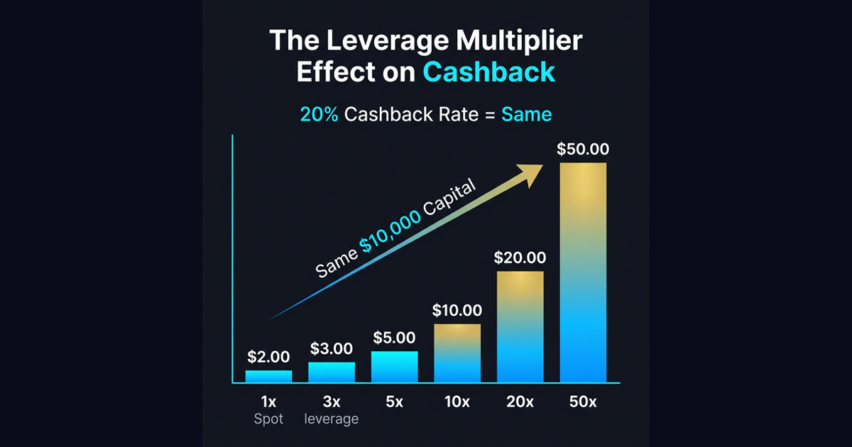 Leverage multiplier effect on crypto cashback - bar chart showing cashback increase from 1x spot to 50x futures leverage