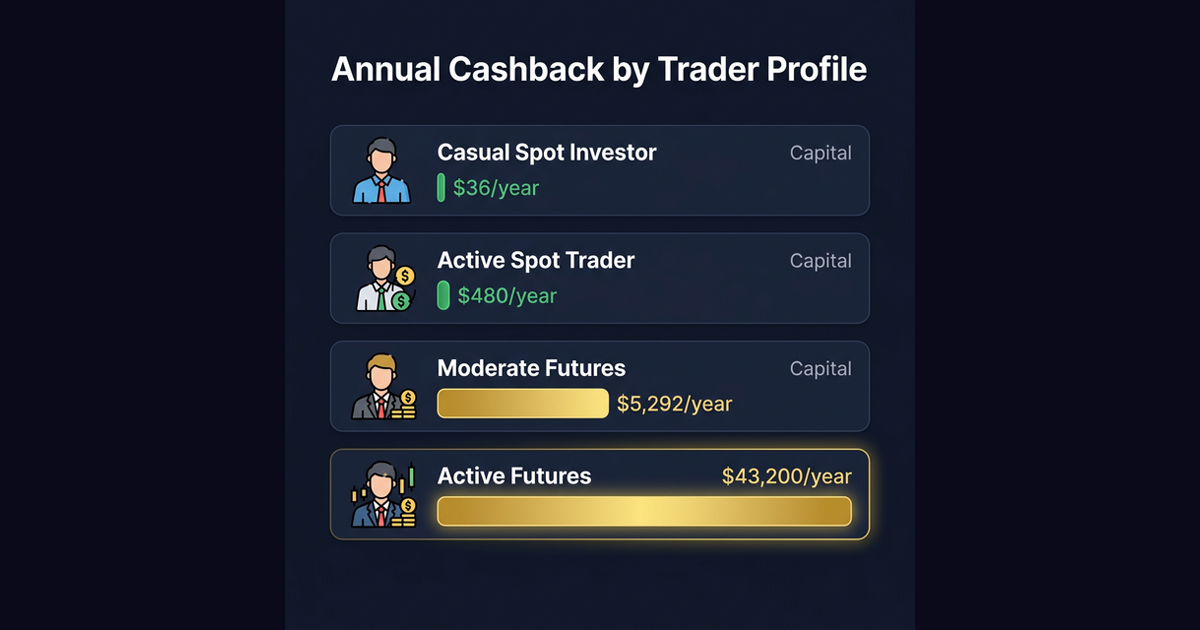 Annual cashback comparison by trader profile - casual spot $36 vs active futures $43,200 per year